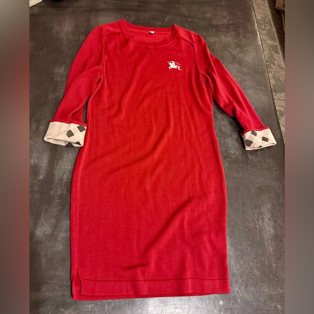 Red Long Sleeve Dress with iconic Burberry pattern on Cuffs